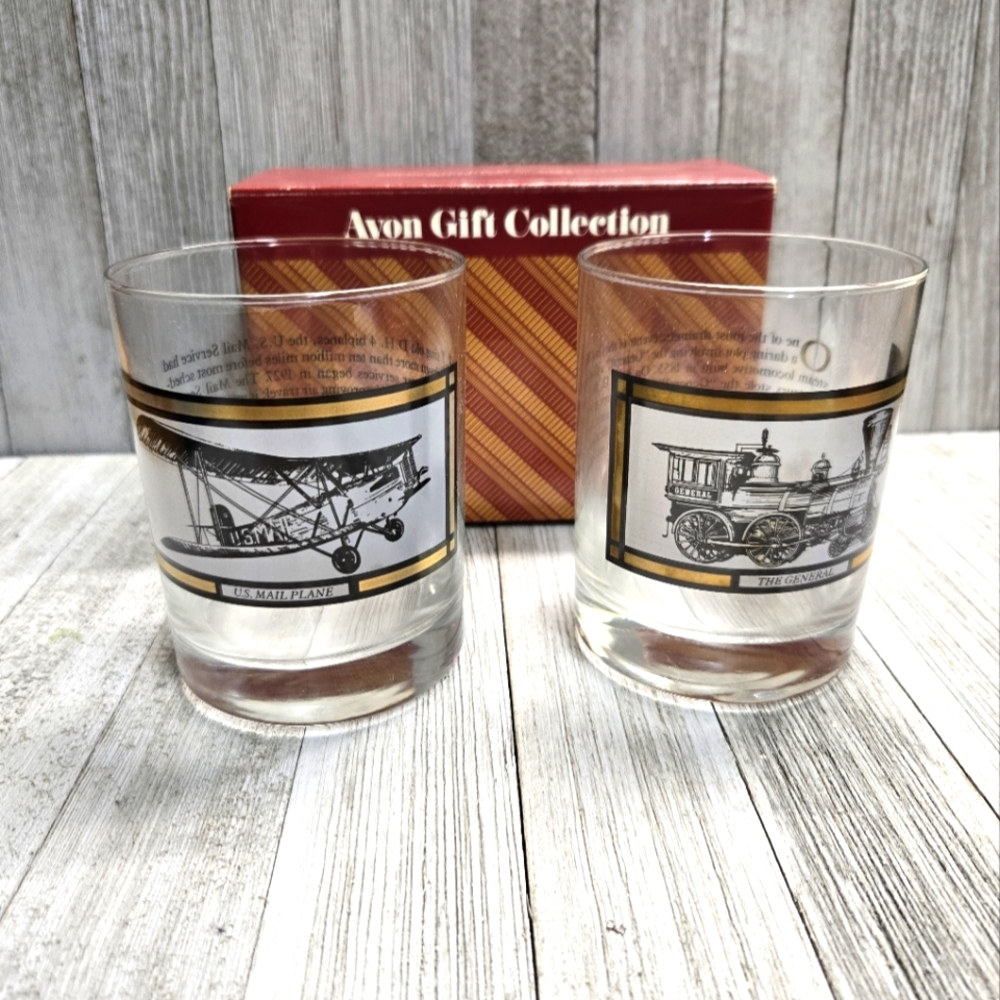 VTG  Avon Gift Collection Glasses with US Mail Plane and The General Gold Trim